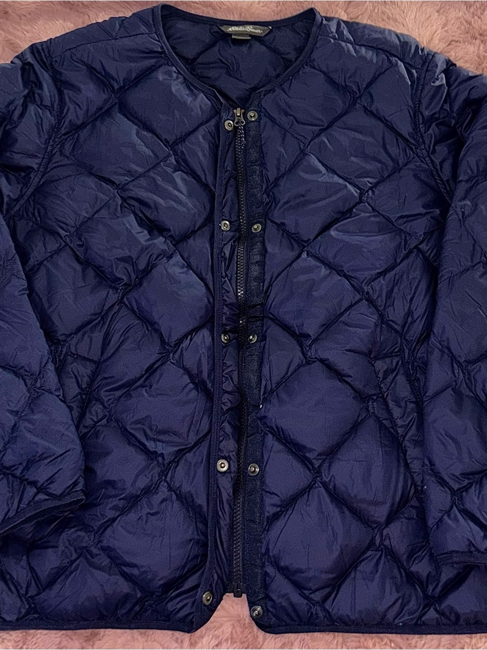 Eddie Bauer Down Liner Jacket Navy Blue Diamond Quilt Size